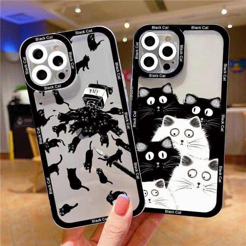 Cute Black Cat Clear Phone Cases for iphone 8 7 Plus SE XR X XS 13 12 11 14 Pro MAX Cute Black Cat for Women Girls Kids Clear Cute Shockproof Back Protective Cover for iPhone