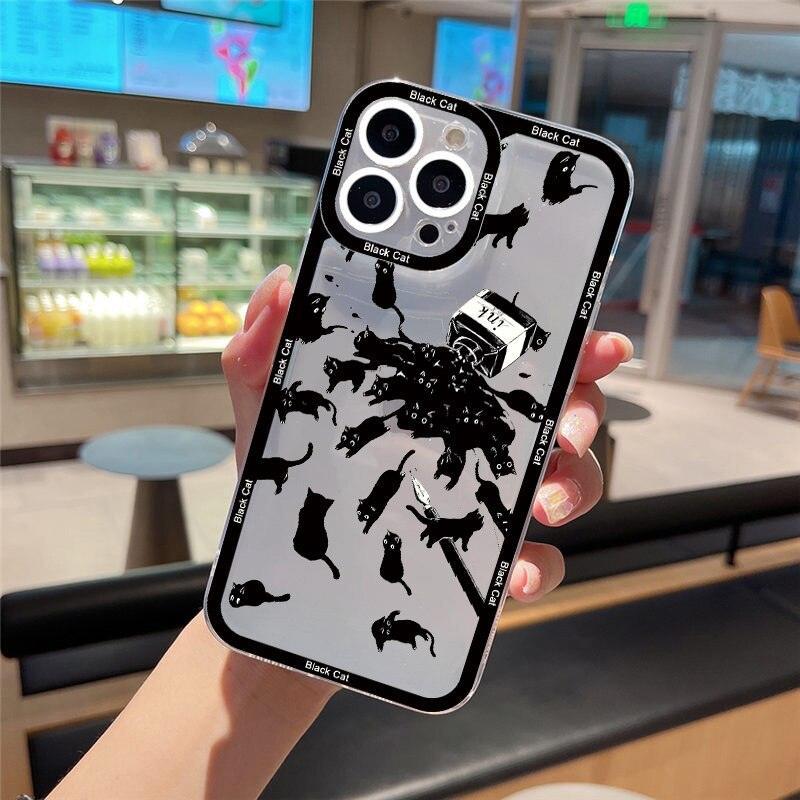 Cute Black Cat Clear Phone Cases for iphone 8 7 Plus SE XR X XS 13 12 11 14 Pro MAX Cute Black Cat for Women Girls Kids Clear Cute Shockproof Back Protective Cover for iPhone