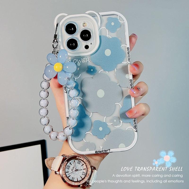 Cute Blue Bear Ears Flower Transparent Phone Case Chain Silicone Case for iphone 14 13 12 11 Pro Max XR XS Clear Soft Cover Clear Floral Bear Camera Lens Case with Lovely Flower Bracelet Chain for Women Girls