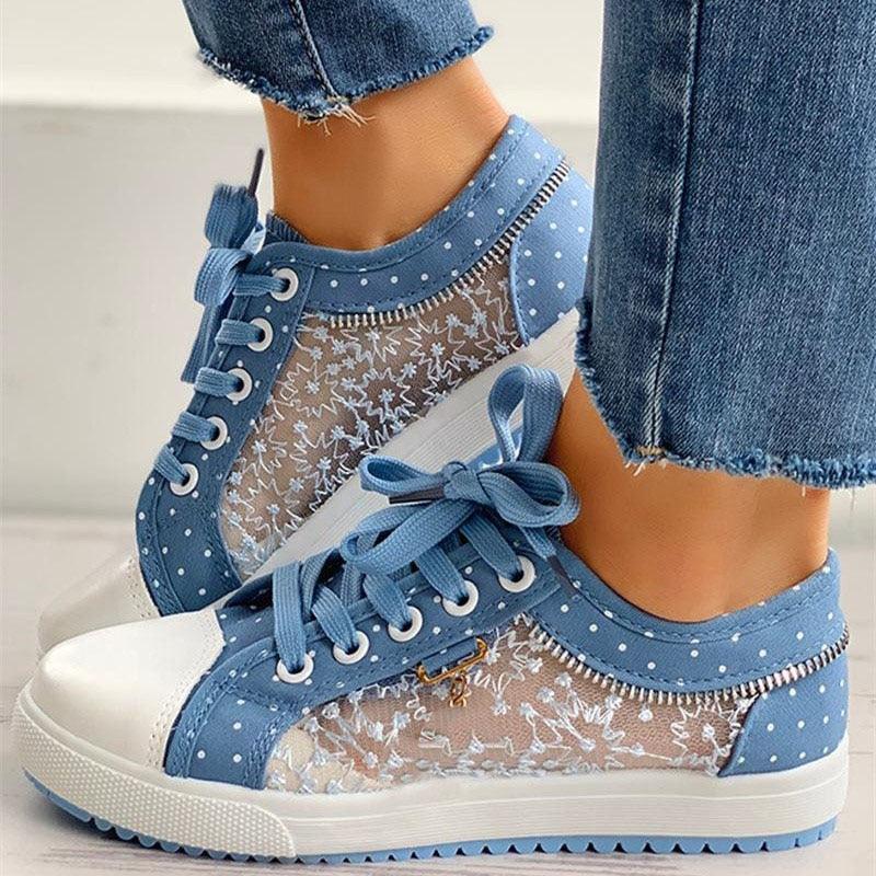 Cute Blue Women Fashion Shoes  Summer Casual Design Lace Breathable Platform Flat Woman Sneakers Walking Lace-up Comfortable Walking Footwear Fashion Sneakers