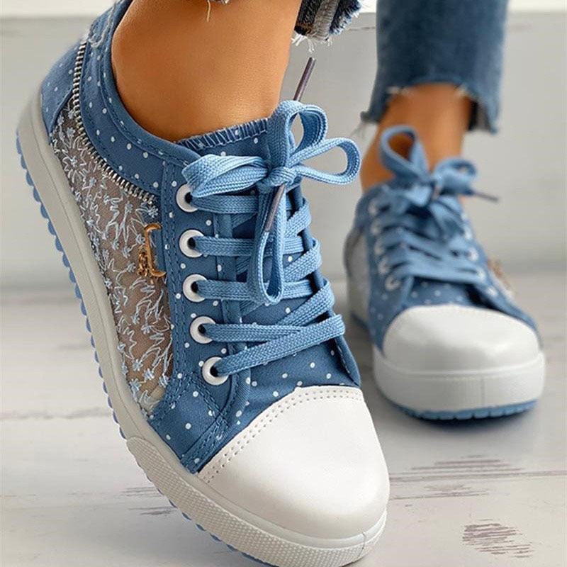 Cute Blue Women Fashion Shoes  Summer Casual Design Lace Breathable Platform Flat Woman Sneakers Walking Lace-up Comfortable Walking Footwear Fashion Sneakers