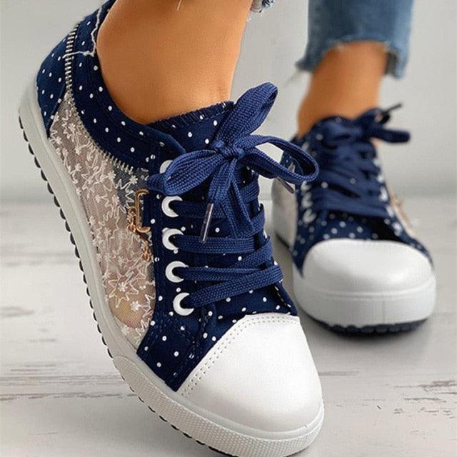 Cute Blue Women Fashion Shoes  Summer Casual Design Lace Breathable Platform Flat Woman Sneakers Walking Lace-up Comfortable Walking Footwear Fashion Sneakers