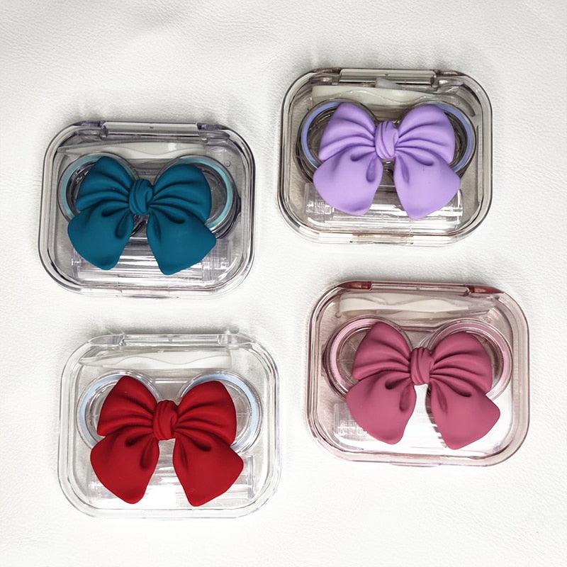 Cute Bowknot Contact Lenses Case Plastic Include Tweezers Suction Set Portable Contact Lens Storage Mini Container Contact Lens Holder Portable Contacts Container Storage Kit