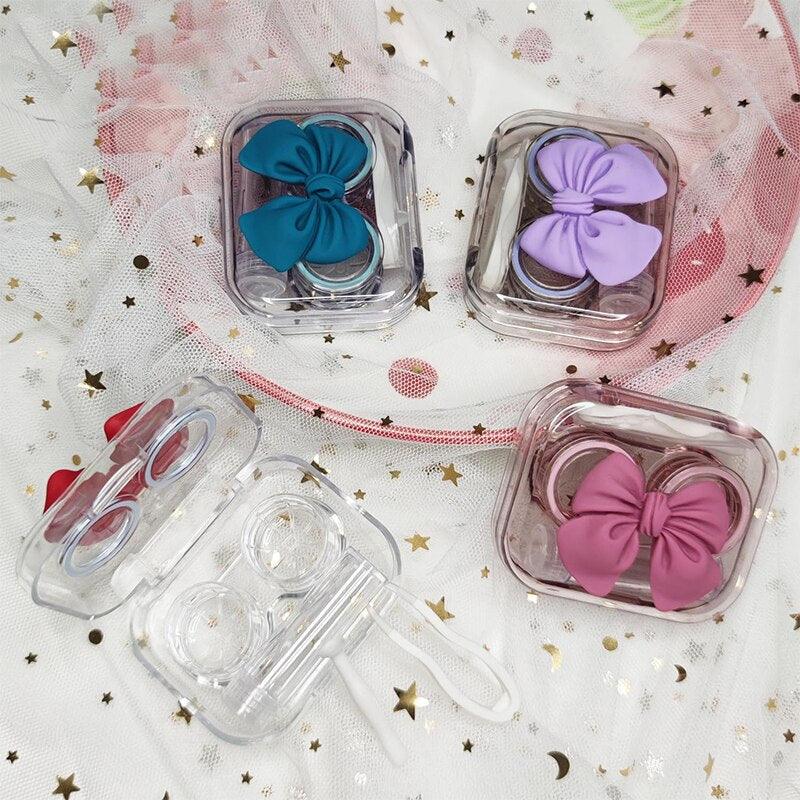 Cute Bowknot Contact Lenses Case Plastic Include Tweezers Suction Set Portable Contact Lens Storage Mini Container Contact Lens Holder Portable Contacts Container Storage Kit