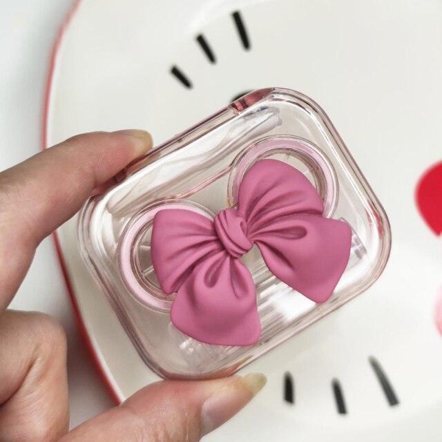 Cute Bowknot Contact Lenses Case Plastic Include Tweezers Suction Set Portable Contact Lens Storage Mini Container Contact Lens Holder Portable Contacts Container Storage Kit