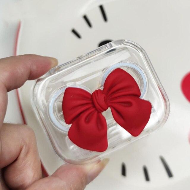 Cute Bowknot Contact Lenses Case Plastic Include Tweezers Suction Set Portable Contact Lens Storage Mini Container Contact Lens Holder Portable Contacts Container Storage Kit