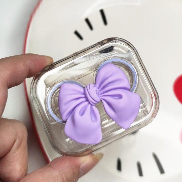 Cute Bowknot Contact Lenses Case Plastic Include Tweezers Suction Set Portable Contact Lens Storage Mini Container Contact Lens Holder Portable Contacts Container Storage Kit