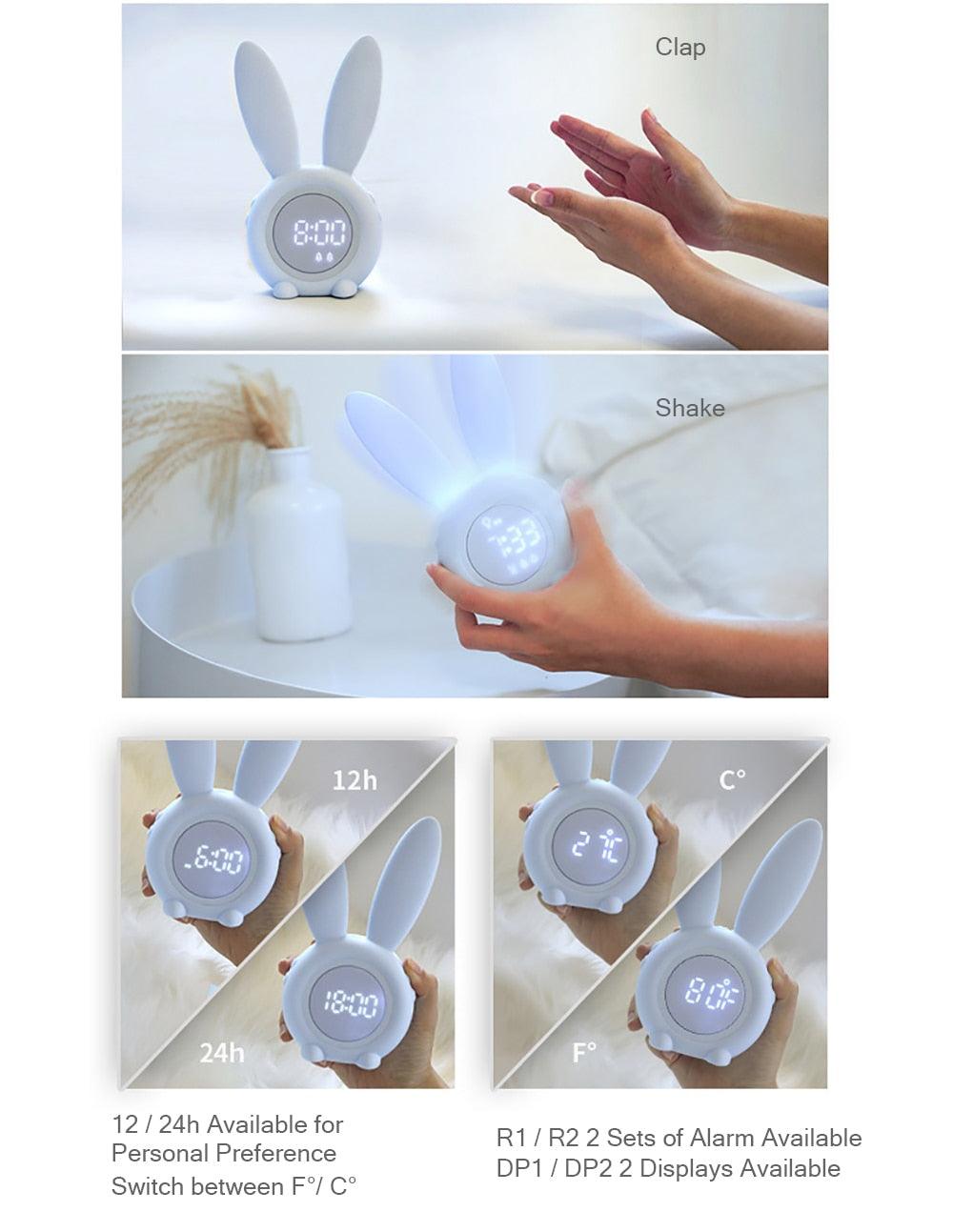 Cute Bunny Ear LED Digital Alarm Clock Electronic Kids Alarm Clock for Kids Children's Alarm Clocks for Girls Boys Bedroom Night Light for Kids Touch Control and Snoozing with USB Sound Control Rabbit Night Lamp Desk Clock Home Decoration