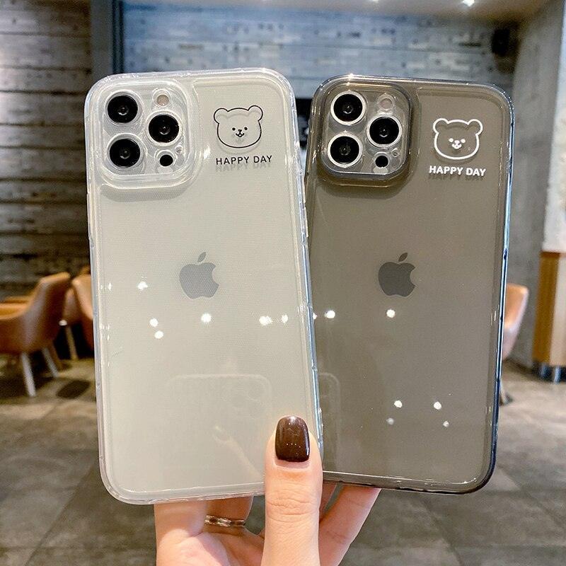 Cute Cartoon Bear Couple Clear Phone Case For iPhone 14 Pro Max 13 12 11 X XS XR 7 8 Plus Transparent Shockproof Simple Bear Case for iPhone 14 Pro Max with Camera Protector