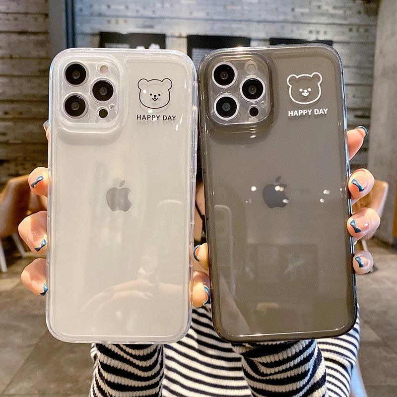 Cute Cartoon Bear Couple Clear Phone Case For iPhone 14 Pro Max 13 12 11 X XS XR 7 8 Plus Transparent Shockproof Simple Bear Case for iPhone 14 Pro Max with Camera Protector