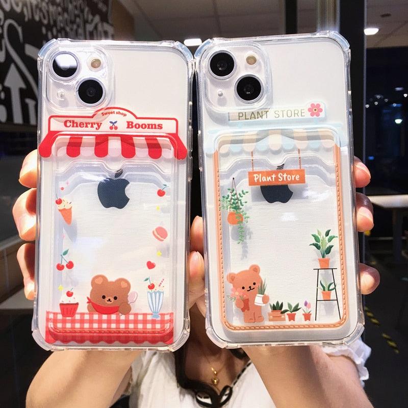 Cute Cartoon Wallet Card Pocket Holder Phone Case For iPhone 14 Pro Max 13 12 11 X XR XS 7 8 Plus Transparent Shockproof Cartoon Phone Case For iPhone Unique Funny Phone Case Design