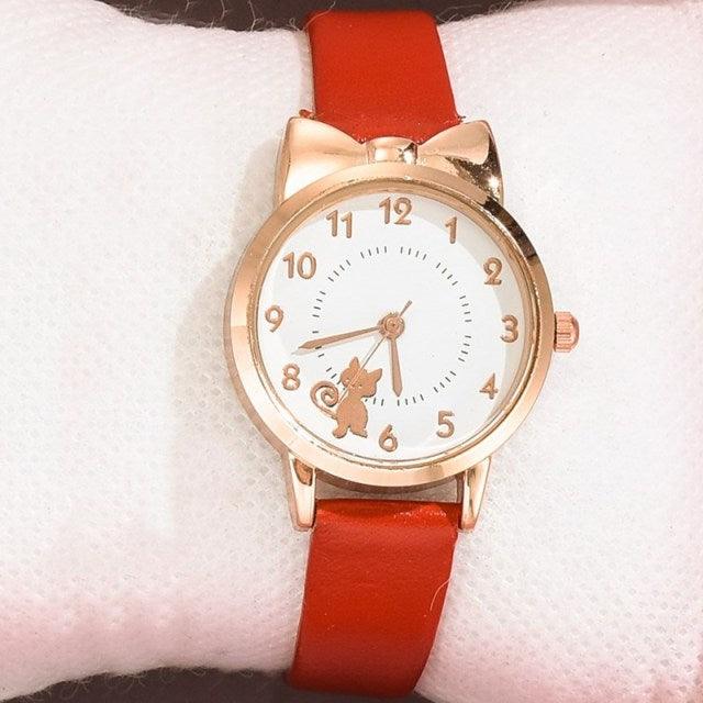 Cute Cat Gold Dial Watch Fashion Kids Leather Strap Quartz Watch Children Set Bracelet Watch Leather Band Luxury Quartz Watches Fashion Creative Wristwatch For Women Girls