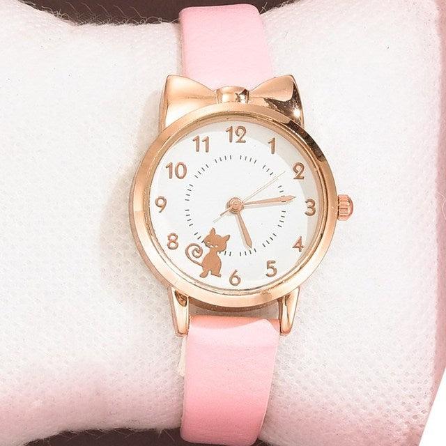 Cute Cat Gold Dial Watch Fashion Kids Leather Strap Quartz Watch Children Set Bracelet Watch Leather Band Luxury Quartz Watches Fashion Creative Wristwatch For Women Girls