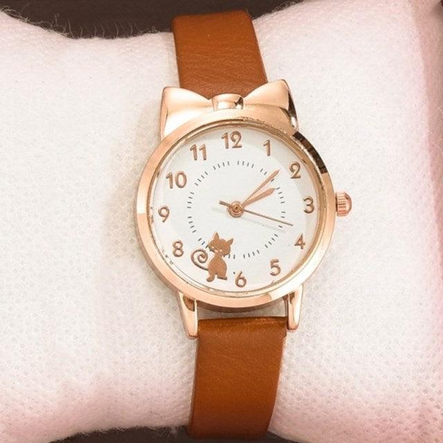 Cute Cat Gold Dial Watch Fashion Kids Leather Strap Quartz Watch Children Set Bracelet Watch Leather Band Luxury Quartz Watches Fashion Creative Wristwatch For Women Girls