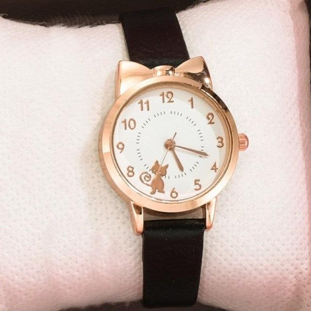 Cute Cat Gold Dial Watch Fashion Kids Leather Strap Quartz Watch Children Set Bracelet Watch Leather Band Luxury Quartz Watches Fashion Creative Wristwatch For Women Girls