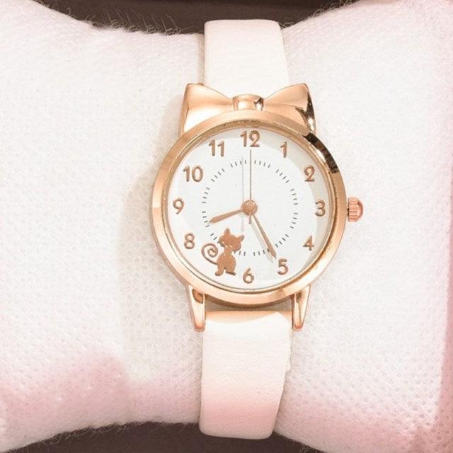 Cute Cat Gold Dial Watch Fashion Kids Leather Strap Quartz Watch Children Set Bracelet Watch Leather Band Luxury Quartz Watches Fashion Creative Wristwatch For Women Girls