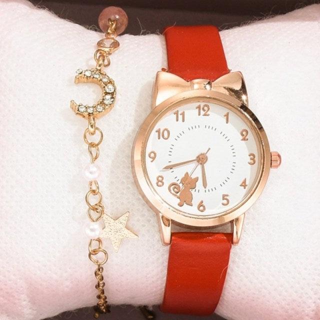 Cute Cat Gold Dial Watch Fashion Kids Leather Strap Quartz Watch Children Set Bracelet Watch Leather Band Luxury Quartz Watches Fashion Creative Wristwatch For Women Girls