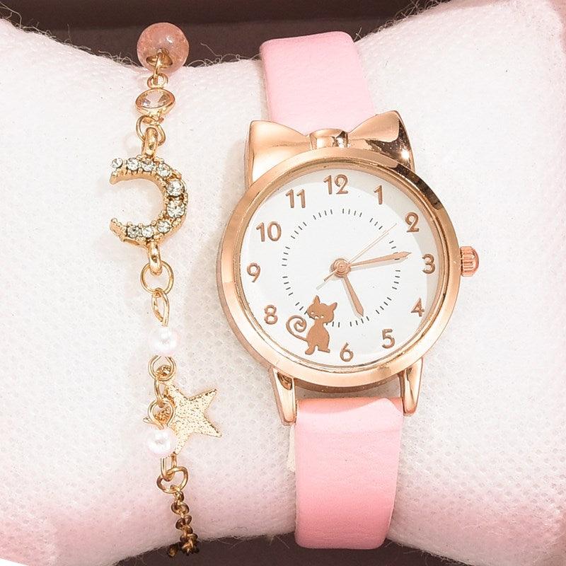 Cute Cat Gold Dial Watch Fashion Kids Leather Strap Quartz Watch Children Set Bracelet Watch Leather Band Luxury Quartz Watches Fashion Creative Wristwatch For Women Girls