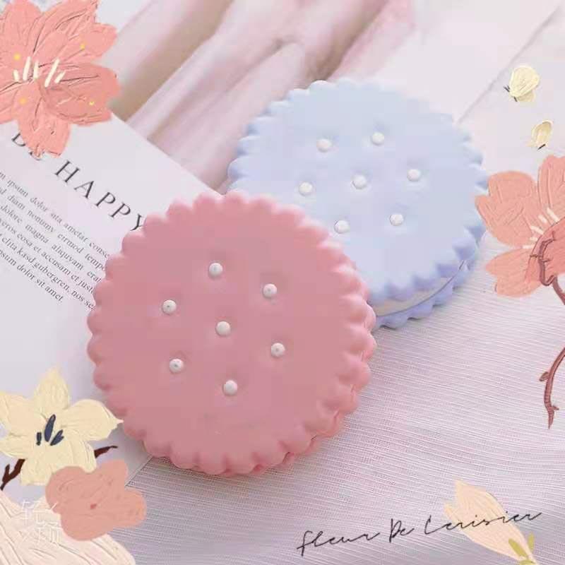 Cute Cookie Double Contact Lenses Box Blue Yellow Pink Contact Lens Case For Eyes Care Kit Holder Container Portable Travel Cookie Shaped Contact Lens Case Travel Contact Lens Box With Mirror Eye Care Kit Holder