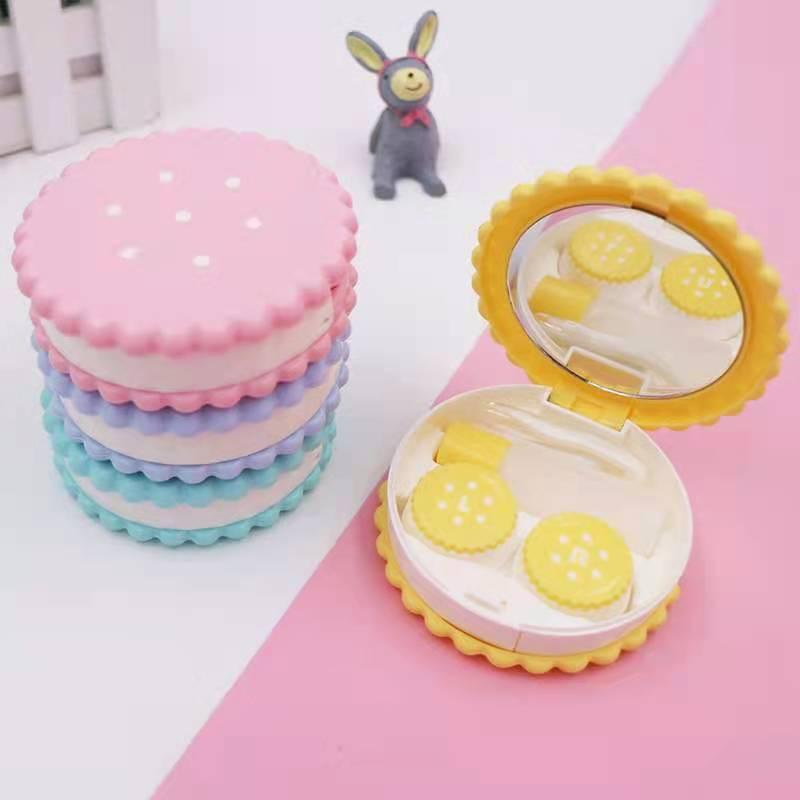 Cute Cookie Double Contact Lenses Box Blue Yellow Pink Contact Lens Case For Eyes Care Kit Holder Container Portable Travel Cookie Shaped Contact Lens Case Travel Contact Lens Box With Mirror Eye Care Kit Holder