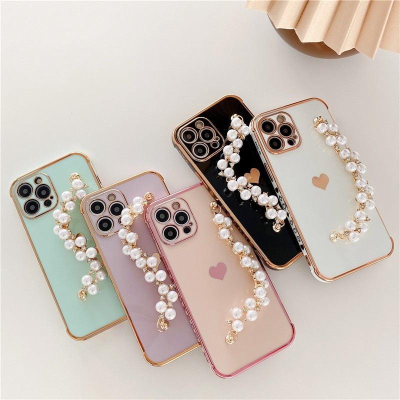 Cute Heart Chain Cute Case Luxury 3D Love Heart Wristband Girl Soft Case For iPhone 14 13 11 12 Pro Max 7 8 Plus Xr X Xs Silicone Phone Cover  Cute Case Luxury Hearts Case Camera Cover Protective Soft Slim Girly Case Designed for iPhone