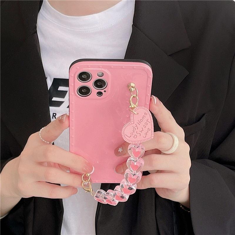 Cute Heart Chain Cute Case Luxury 3D Love Heart Wristband Girl Soft Case For iPhone 14 13 11 12 Pro Max 7 8 Plus Xr X Xs Silicone Phone Cover  Cute Case Luxury Hearts Case Camera Cover Protective Soft Slim Girly Case Designed for iPhone