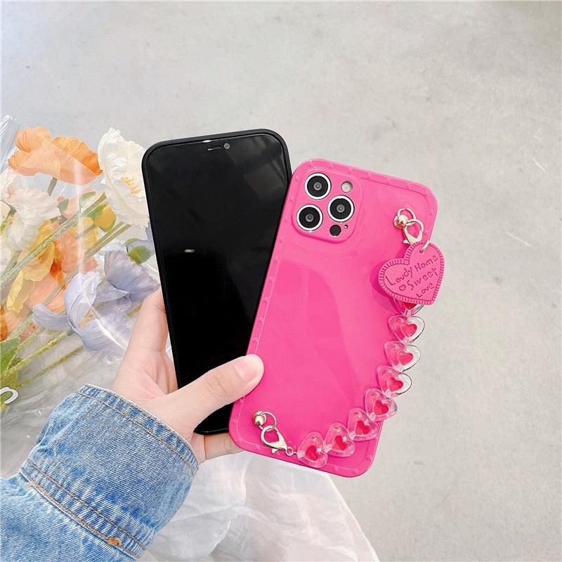 Cute Heart Chain Cute Case Luxury 3D Love Heart Wristband Girl Soft Case For iPhone 14 13 11 12 Pro Max 7 8 Plus Xr X Xs Silicone Phone Cover  Cute Case Luxury Hearts Case Camera Cover Protective Soft Slim Girly Case Designed for iPhone