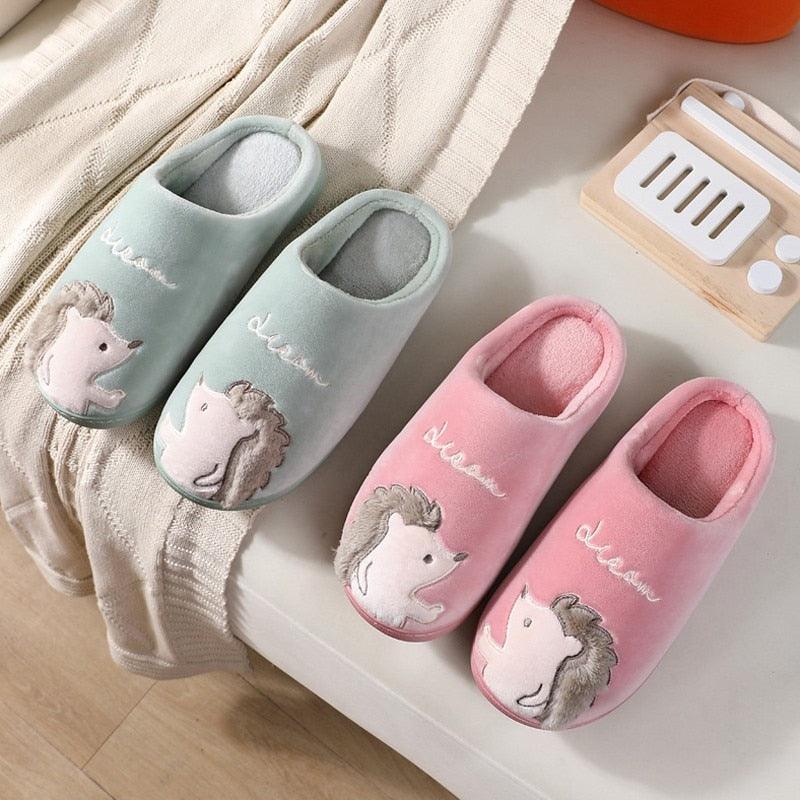 Cute Hedgehog Women Winter Home Slippers Animal Slip On Soft Warm House Shoes Men Couple Indoor Bedroom Footwear Soft Cozy Home Slippers For Women Slip On Comfy Women's Washable Cotton Bedroom Slippers