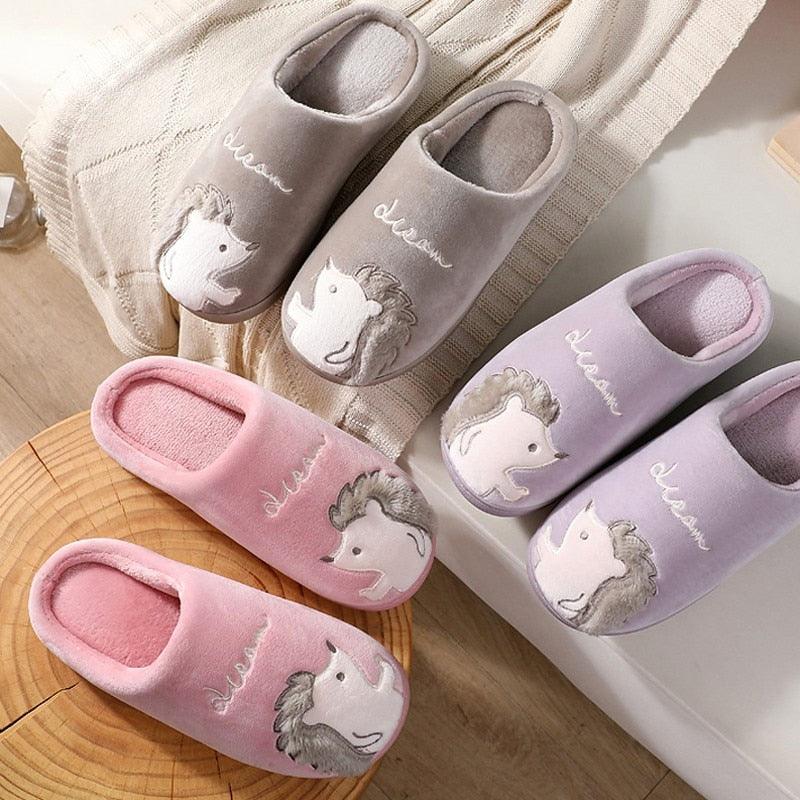 Cute Hedgehog Women Winter Home Slippers Animal Slip On Soft Warm House Shoes Men Couple Indoor Bedroom Footwear Soft Cozy Home Slippers For Women Slip On Comfy Women's Washable Cotton Bedroom Slippers