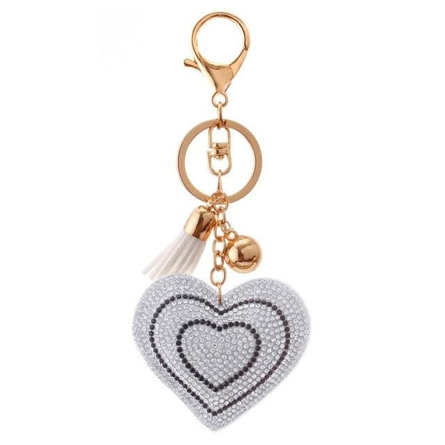 Cute Leather Heart Tassel Key Holder Metal Crystal Key Chain Keyring Rhinestone Heart Shape Keychains Glitter Crystal Heart Tassel Keychains Charm Keychain Bag Auto Pendant Gift