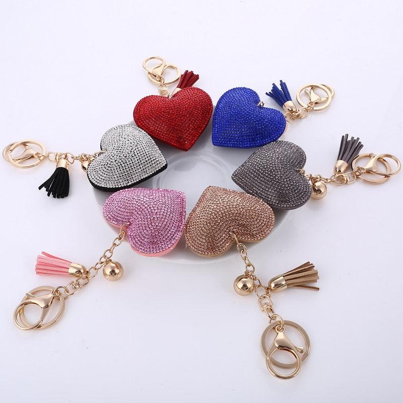 Cute Leather Heart Tassel Key Holder Metal Crystal Key Chain Keyring Rhinestone Heart Shape Keychains Glitter Crystal Heart Tassel Keychains Charm Keychain Bag Auto Pendant Gift