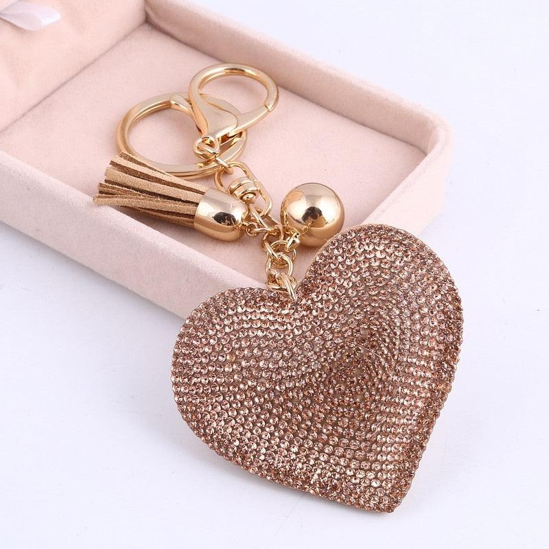 Cute Leather Heart Tassel Key Holder Metal Crystal Key Chain Keyring Rhinestone Heart Shape Keychains Glitter Crystal Heart Tassel Keychains Charm Keychain Bag Auto Pendant Gift