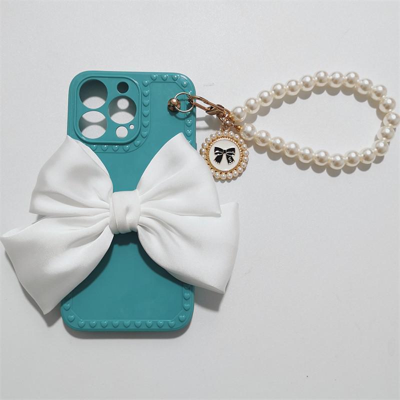 Cute Luxury Fashion 3d Bow Pearl Bracelet Girl Soft Case For iPhone 11 12 13 Pro Max 7 8 Plus Xr X Xs Se Anti-drop Cover Pearl Chain Bow Phone Case Ideal for iPhone Elegant Phone Case