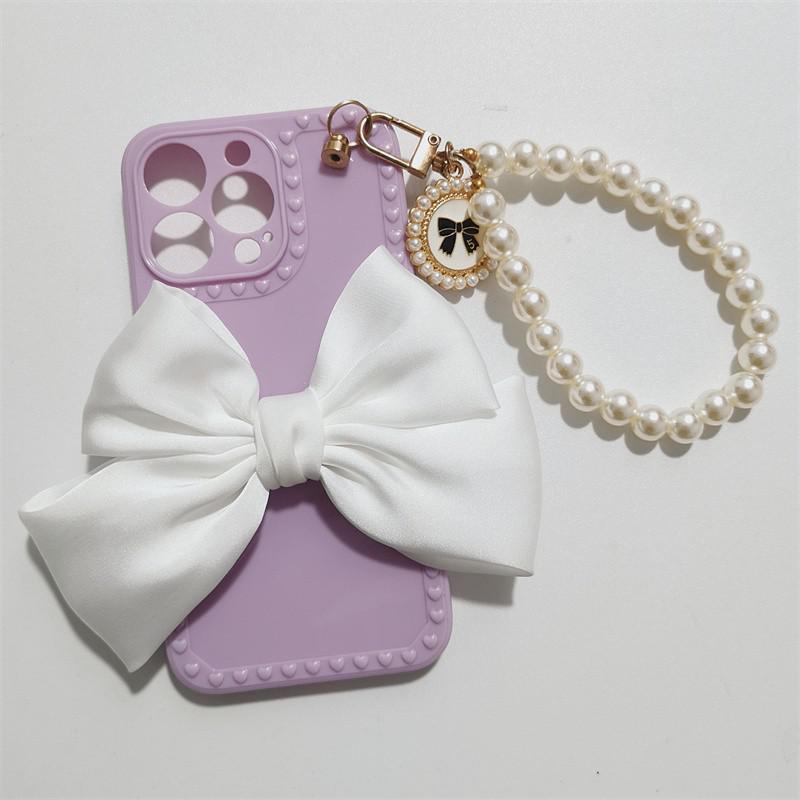 Cute Luxury Fashion 3d Bow Pearl Bracelet Girl Soft Case For iPhone 11 12 13 Pro Max 7 8 Plus Xr X Xs Se Anti-drop Cover Pearl Chain Bow Phone Case Ideal for iPhone Elegant Phone Case