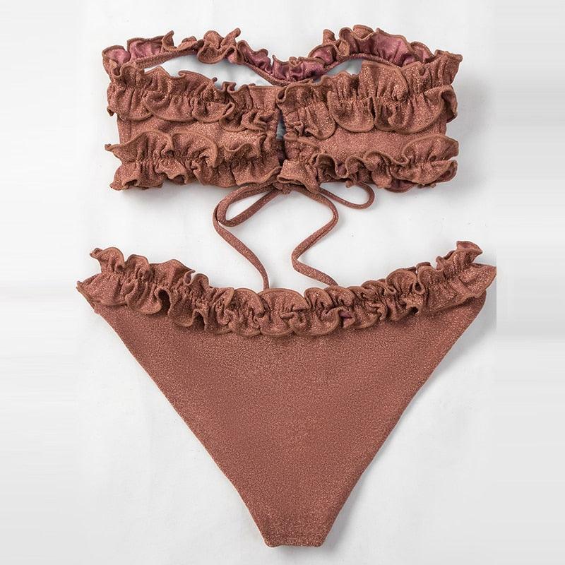 Cute Pink Strapless Lace Solid Swimsuit Bikini Two Piece Metal Wire Women Swimwear Women's High Cut Bikini Set Strapless 2 Pieces Bathing Suit Swimsuit Push Up Summer Beachwear Bathing Suit