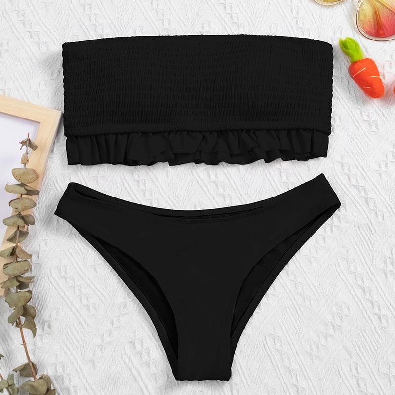 Cute Pink Strapless Lace Solid Swimsuit Bikini Two Piece Metal Wire Women Swimwear Women's High Cut Bikini Set Strapless 2 Pieces Bathing Suit Swimsuit Push Up Summer Beachwear Bathing Suit