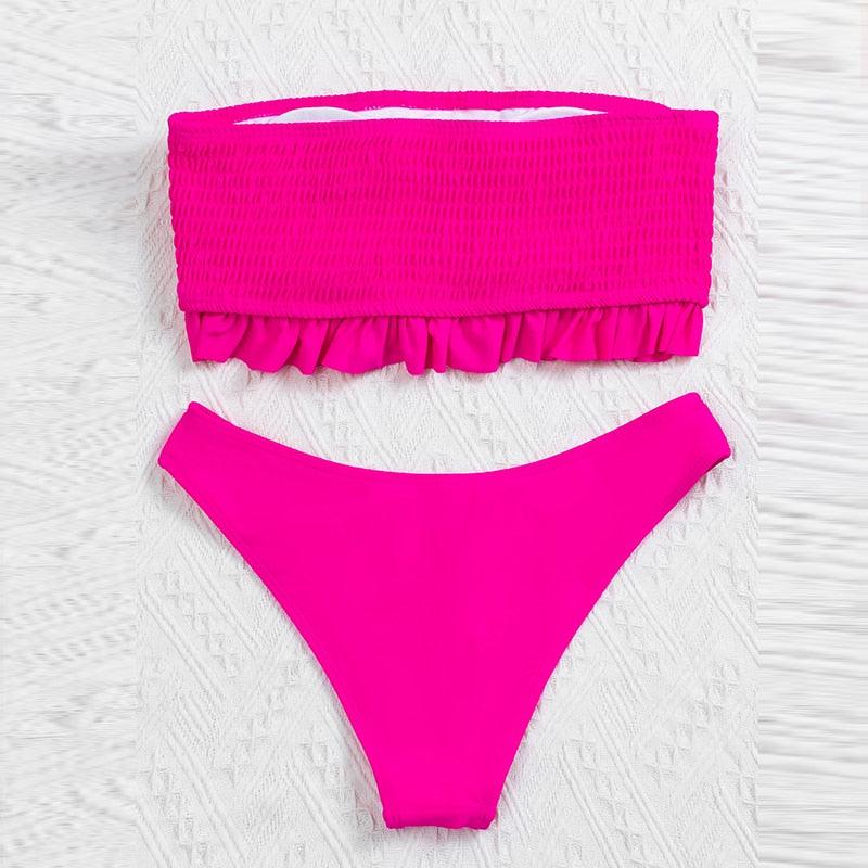 Cute Pink Strapless Lace Solid Swimsuit Bikini Two Piece Metal Wire Women Swimwear Women's High Cut Bikini Set Strapless 2 Pieces Bathing Suit Swimsuit Push Up Summer Beachwear Bathing Suit