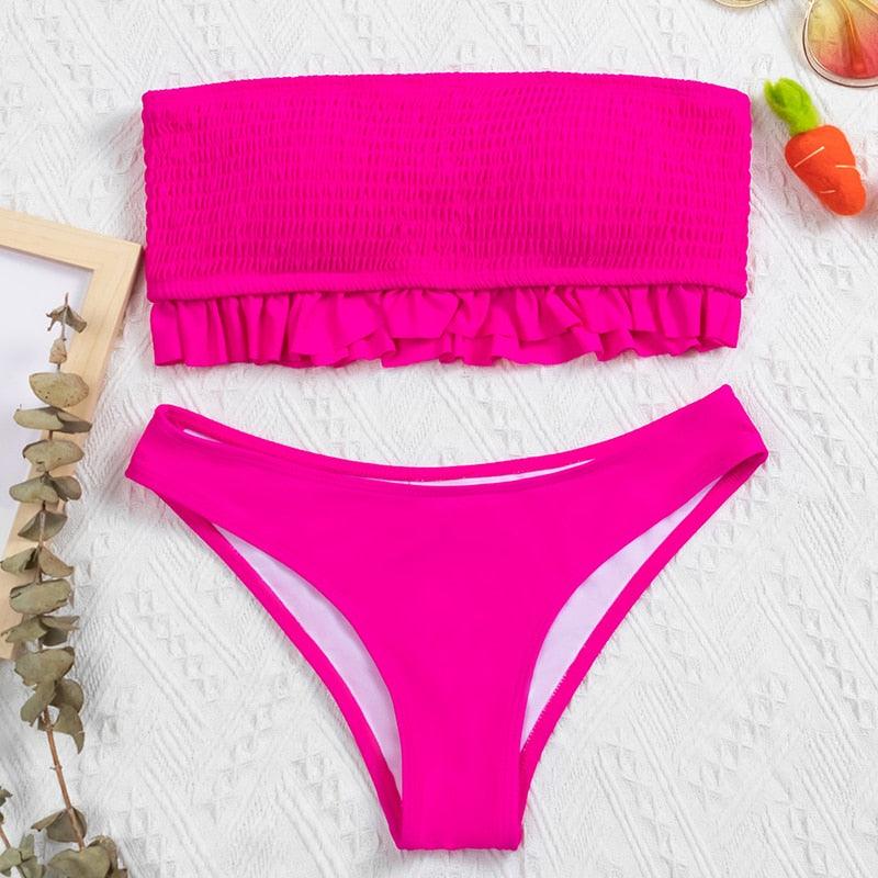 Cute Pink Strapless Lace Solid Swimsuit Bikini Two Piece Metal Wire Women Swimwear Women's High Cut Bikini Set Strapless 2 Pieces Bathing Suit Swimsuit Push Up Summer Beachwear Bathing Suit