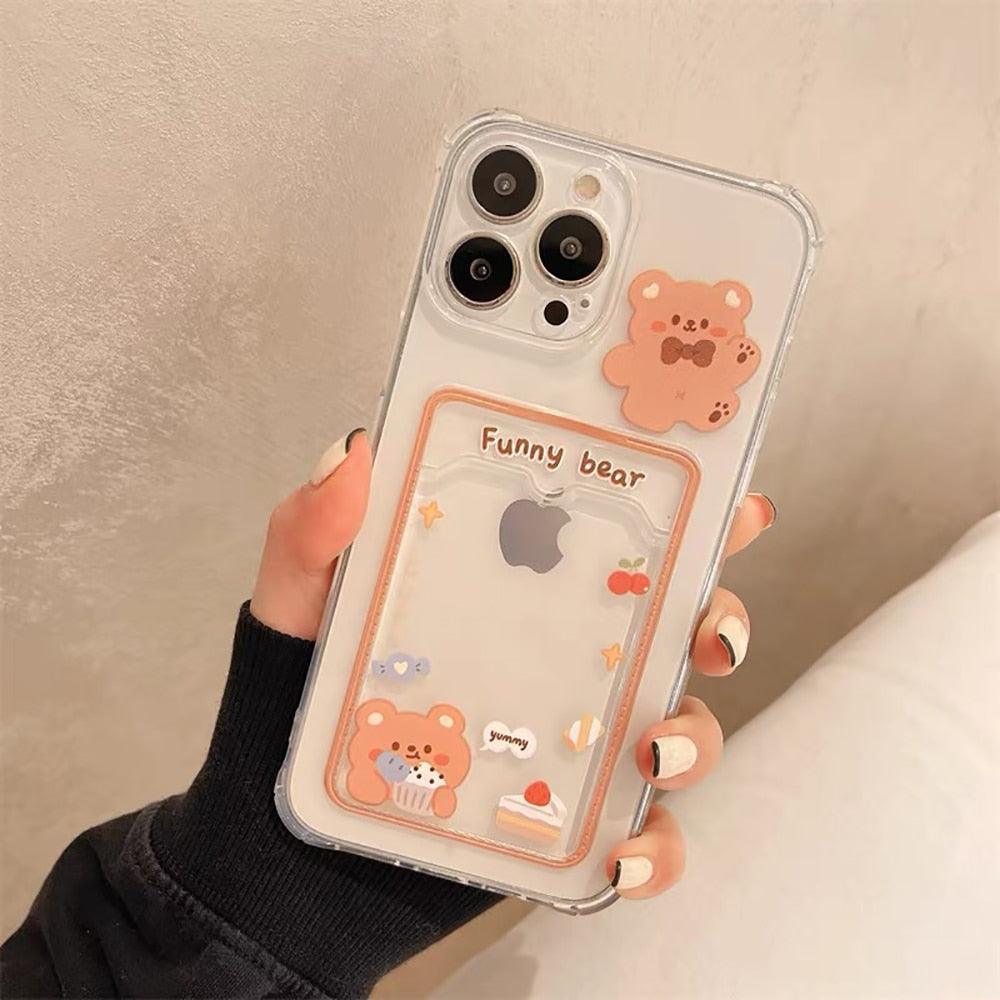 Cute Rabbit Cartoon Bear Clear Phone Case For iPhone 13 Pro Max 12 11 XS XR 7 8 14 Plus Card Holder Wallet Soft Shockproof Cover Cartoon Floral Design for Women