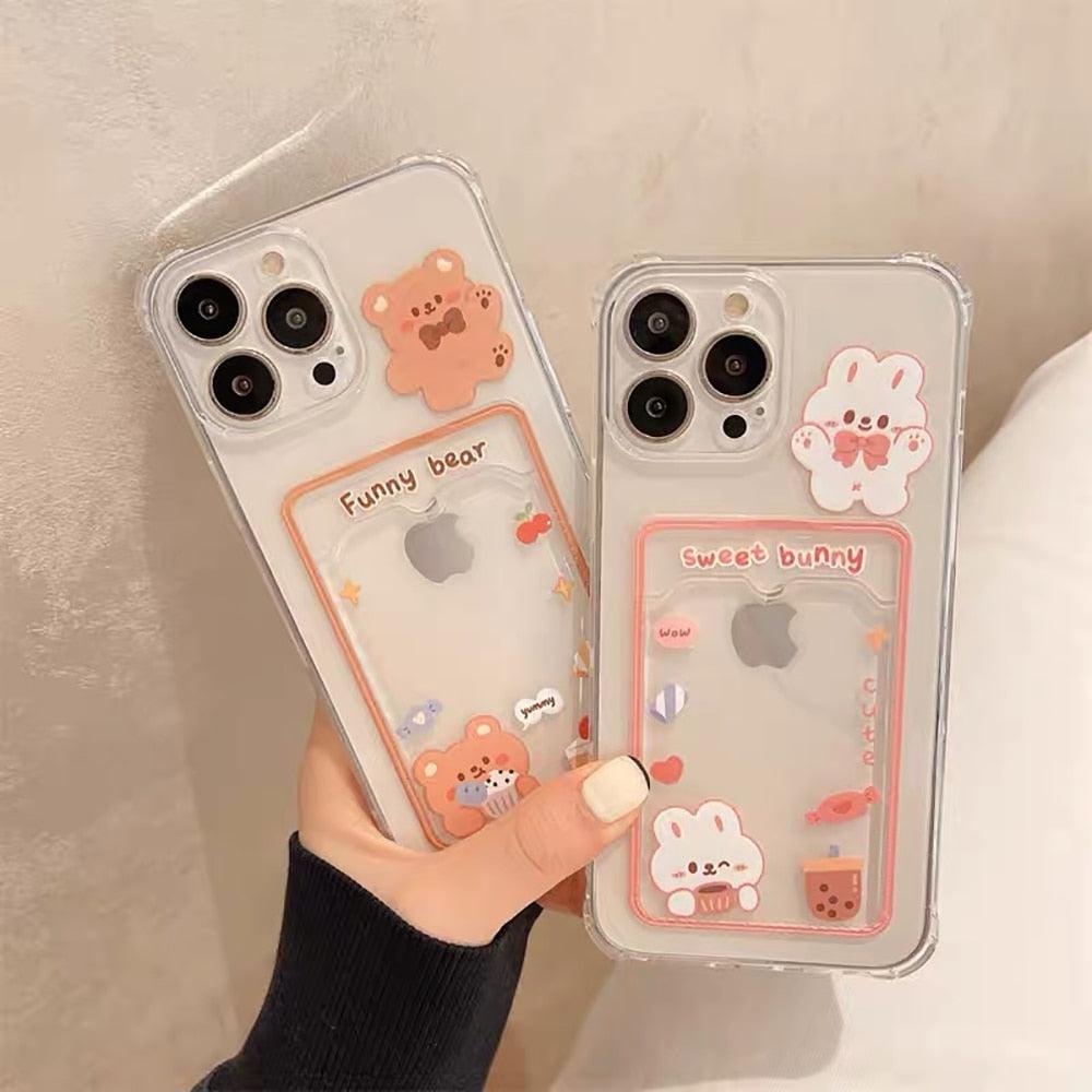 Cute Rabbit Cartoon Bear Clear Phone Case For iPhone 13 Pro Max 12 11 XS XR 7 8 14 Plus Card Holder Wallet Soft Shockproof Cover Cartoon Floral Design for Women