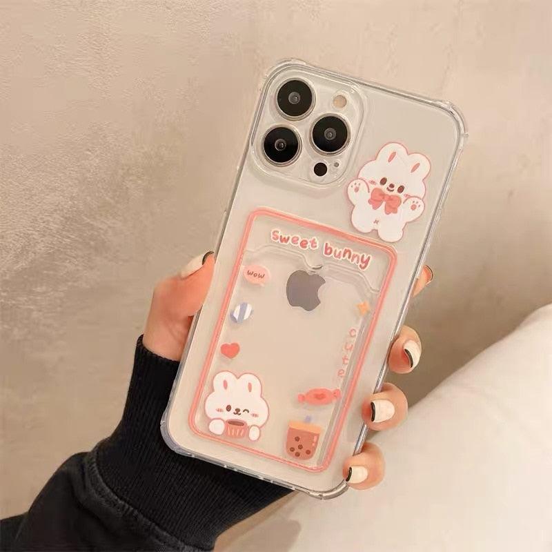 Cute Rabbit Cartoon Bear Clear Phone Case For iPhone 13 Pro Max 12 11 XS XR 7 8 14 Plus Card Holder Wallet Soft Shockproof Cover Cartoon Floral Design for Women