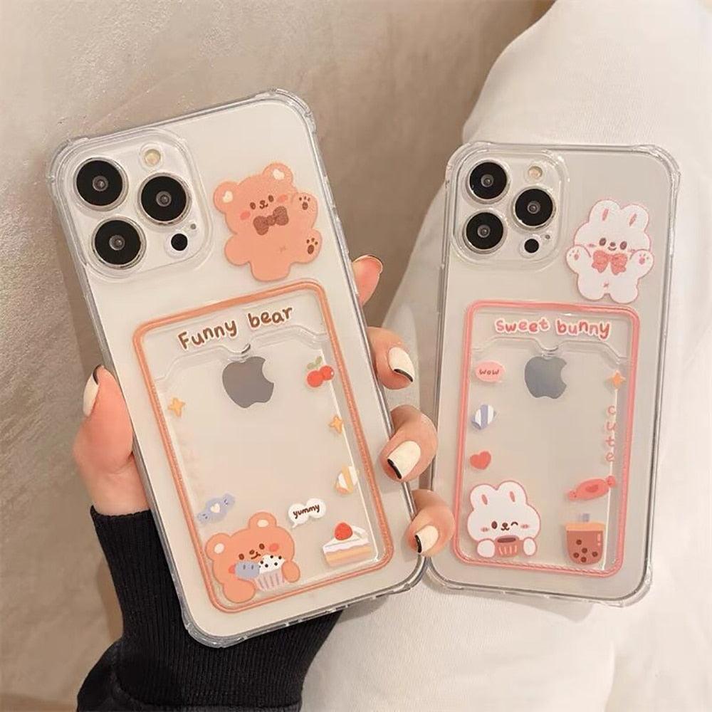 Cute Rabbit Cartoon Bear Clear Phone Case For iPhone 13 Pro Max 12 11 XS XR 7 8 14 Plus Card Holder Wallet Soft Shockproof Cover Cartoon Floral Design for Women