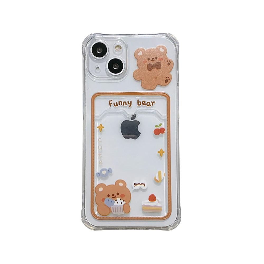 Cute Rabbit Cartoon Bear Clear Phone Case For iPhone 13 Pro Max 12 11 XS XR 7 8 14 Plus Card Holder Wallet Soft Shockproof Cover Cartoon Floral Design for Women