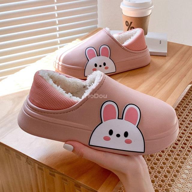 Cute Side Bear Waterproof Cotton Women Shoes Winter Warm Indoor Outdoor Wrapped Heel Slippers EVA Comfort Memory Foam Slippers Waterproof Non Skid Warm Washable Cotton Shoes Loafer Slippers