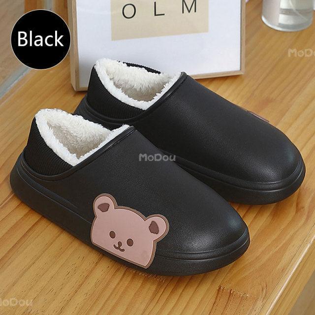 Cute Side Bear Waterproof Cotton Women Shoes Winter Warm Indoor Outdoor Wrapped Heel Slippers EVA Comfort Memory Foam Slippers Waterproof Non Skid Warm Washable Cotton Shoes Loafer Slippers