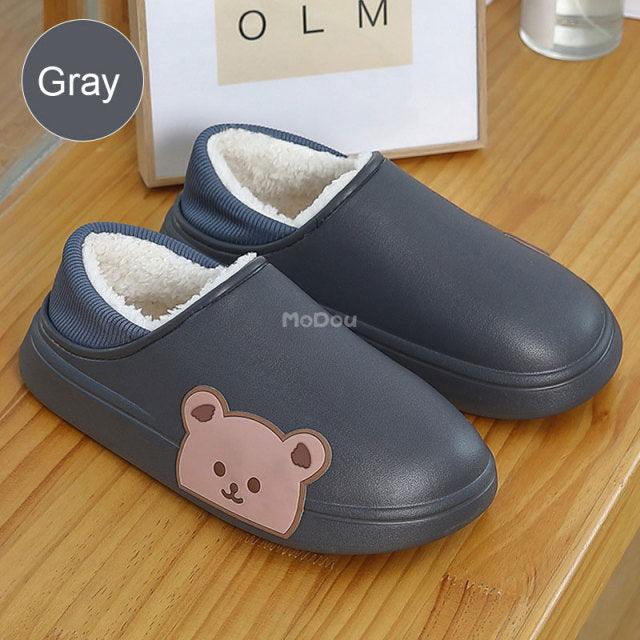 Cute Side Bear Waterproof Cotton Women Shoes Winter Warm Indoor Outdoor Wrapped Heel Slippers EVA Comfort Memory Foam Slippers Waterproof Non Skid Warm Washable Cotton Shoes Loafer Slippers