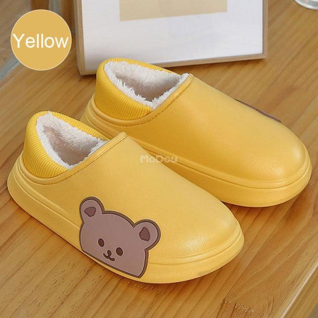 Cute Side Bear Waterproof Cotton Women Shoes Winter Warm Indoor Outdoor Wrapped Heel Slippers EVA Comfort Memory Foam Slippers Waterproof Non Skid Warm Washable Cotton Shoes Loafer Slippers