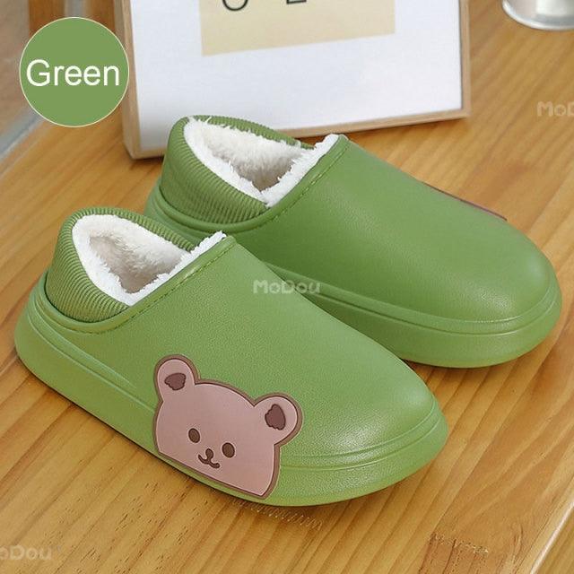 Cute Side Bear Waterproof Cotton Women Shoes Winter Warm Indoor Outdoor Wrapped Heel Slippers EVA Comfort Memory Foam Slippers Waterproof Non Skid Warm Washable Cotton Shoes Loafer Slippers