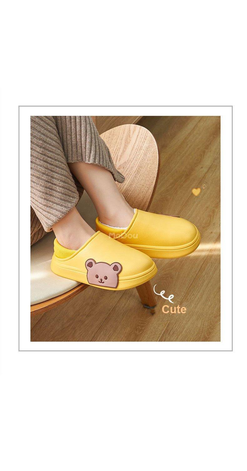 Cute Side Bear Waterproof Cotton Women Shoes Winter Warm Indoor Outdoor Wrapped Heel Slippers EVA Comfort Memory Foam Slippers Waterproof Non Skid Warm Washable Cotton Shoes Loafer Slippers