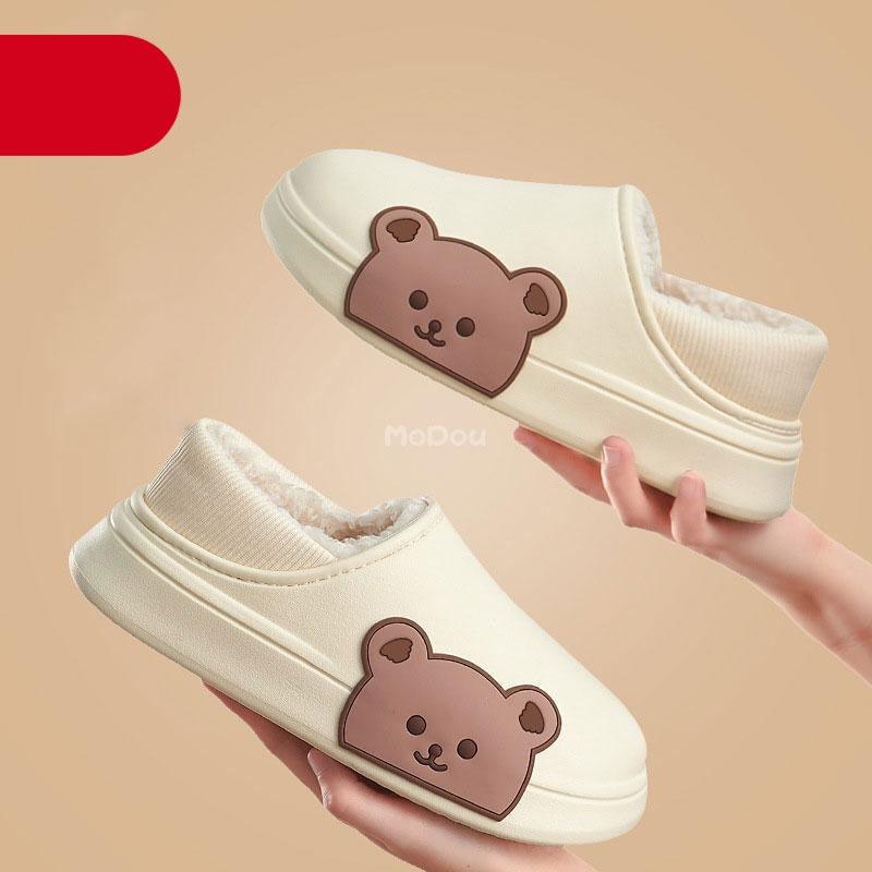 Cute Side Bear Waterproof Cotton Women Shoes Winter Warm Indoor Outdoor Wrapped Heel Slippers EVA Comfort Memory Foam Slippers Waterproof Non Skid Warm Washable Cotton Shoes Loafer Slippers